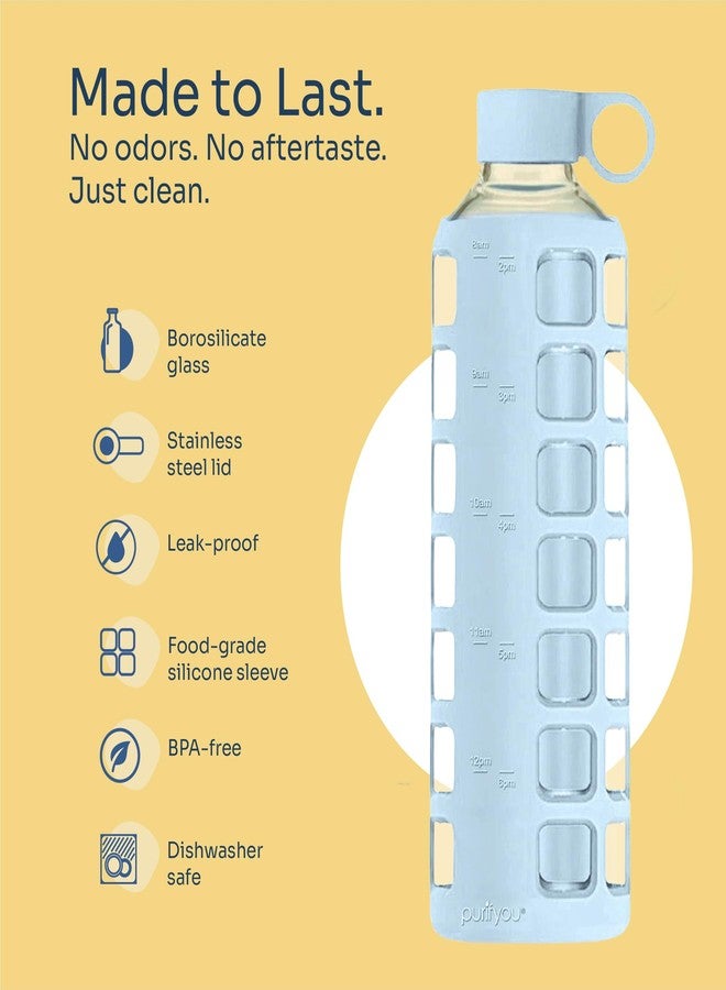 purifyou 40oz / 32oz / 22oz / 12oz Borosilicate Glass Water Bottle with Time & Volume Markers, Silicone Sleeve, Stainless Steel Lid | Reusable Glass Bottle for Water & Juice (40oz Ice Blue) - Image 4